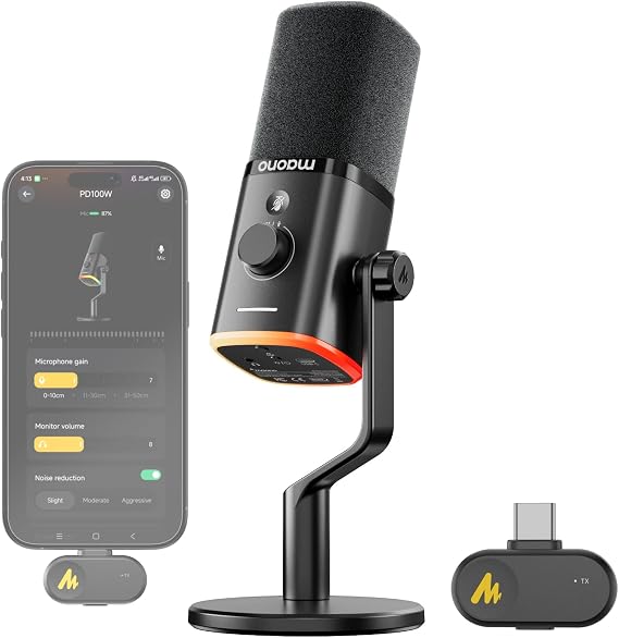 MAONO USB-C'li Kablosuz Dinamik Mikrofon, Kablosuz ve Kablolu Çift Mod, 7 Katmanlı Gürültü Azaltma, RGB PC Masa Mikrofonu, Oyun/Akış/Toplantılar için, PD100W Siyah