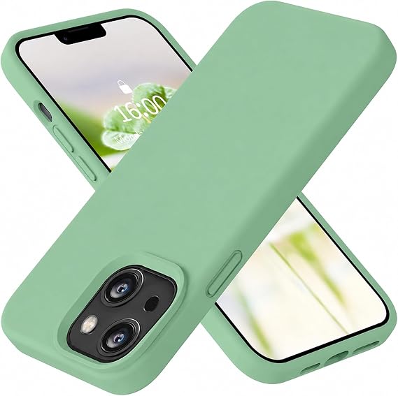 URUCHI iPhone 14 ile Uyumlu Kılıf, İçi Kadife Kaplamalı İnce Sıvı Silikon Tam Koruma Yumuşak Jel Silikon Kapak, Açık Yeşil
