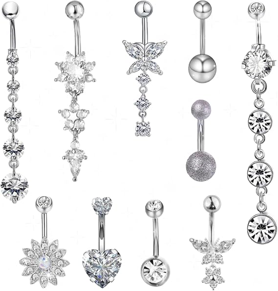 BDSHUNBF 10 Pcs Belly Button Bars Belly Bars Set, Belly Button Rings Belly Button Piercing, Barbell Navel Bars Piercing Jewelry, Flower Butterfly Dangly Belly Button Bars, Navel Bars Set for Women