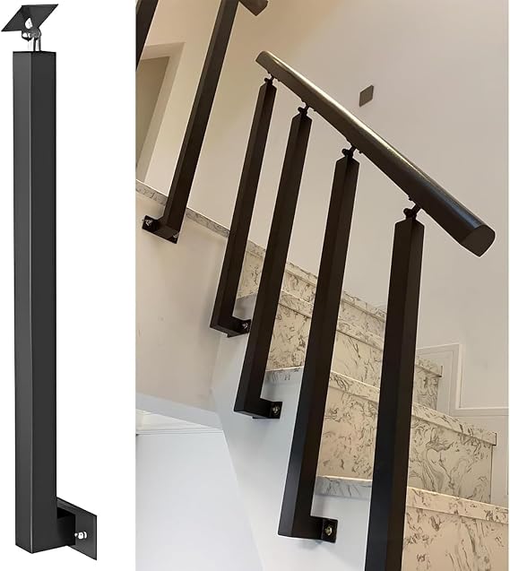 Stair Railing Column, Indoor Stair Railing Deck Balusters for Stair/Deck/Porch - 1 Pack, Side Mount Metal Spindles, Square Stair Balusters Post with Screws Kit, Black(Size:90cm/35.4in)