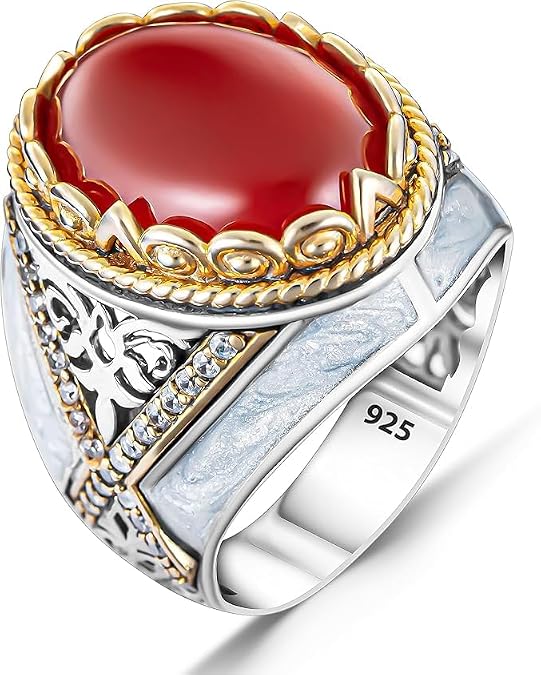 Genuine Solid 925 Sterling Silver White Enemal Red Agate (Aqeeq) Stone Men's Ring
