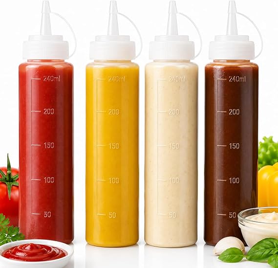 4 Pack 240ml Squeeze Bottles for Sauces, Condiments & Dressings, BPA Free Plastic Sauce Bottles with Leak Resistant Caps, Refillable Squeezy Bottles for Ketchup, Mustard, Mayo, BBQ Sauce, Oil, Syrup