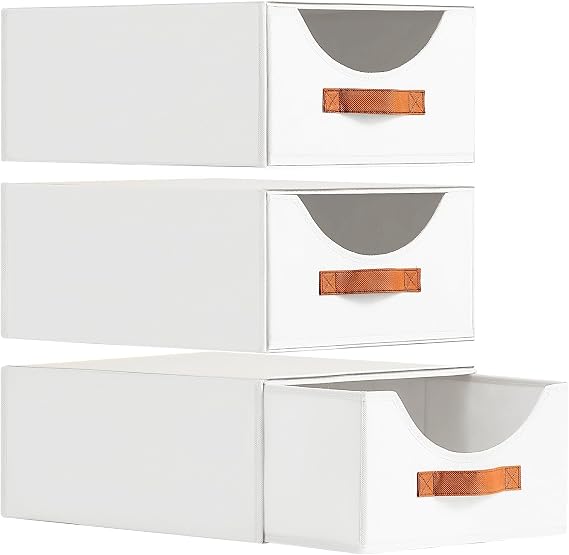 Homsorout Wardrobe Storage Organiser - Foldable Stackable Storage Drawers Box, Fabric Storage Baskets for Clothes Organization, Shelves, Bedroom, Living Room, White, 16 Inch. - 3 Pack