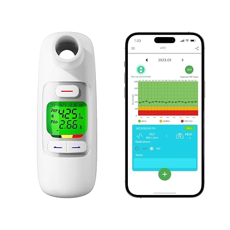 Peak flow meter for adults uk with Bluetooth, App Tracking, Risk Indicator PEF & FEV1