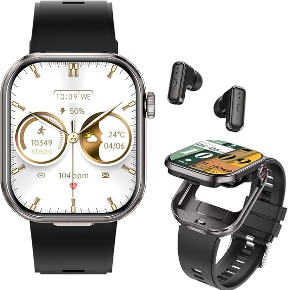 2 in 1 Smart Watch with Earbuds for Men Women,2.02'' Full Touch Screen, Answer/Make BT Calls & Music,