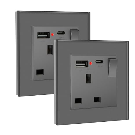 BSEED Single Switched Socket with USB C and USB A Charging Ports, UK Standard Electric Power Sockets with Glass Panel, 1 Gang Wall 13A Socket, Grey, 2 Pack