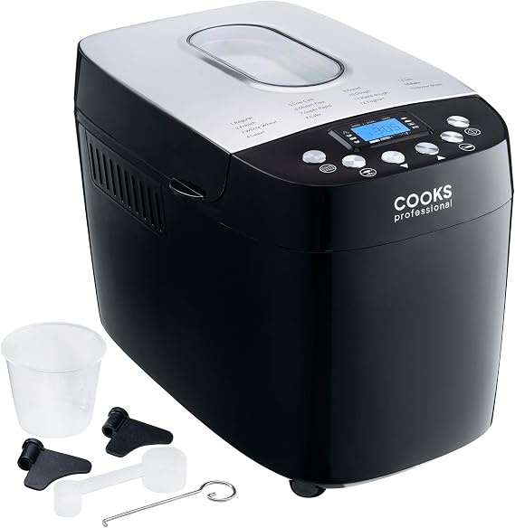 Cooks Professional Digital Bread Maker | 15 Programmes, 8 Custom Presets, Delay Timer & Keep Warm Function & Accessory Kit | XL Breadmaker Machine | 3 Loaf Sizes 0.5–1.5kg | Black & Silver
