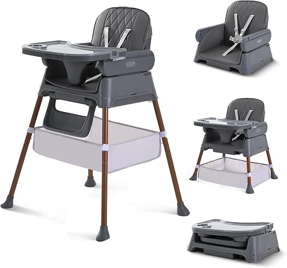 High Chairs for Babies and Toddlers, Adjustable Convertible 3 in 1 Baby High Chair, Portable Compact Baby Infant Feeding Chair Travel Highchair Booster for Toddler, from 6 Month to 3 Years Dark Grey