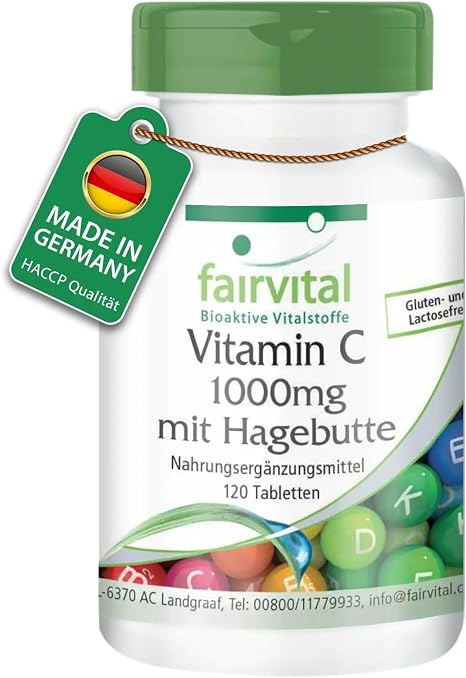 fairvital Vitamin C 1000 mg Buffered 120 Tablets High Dosage Vegan with Rosehip Easy to Swallow