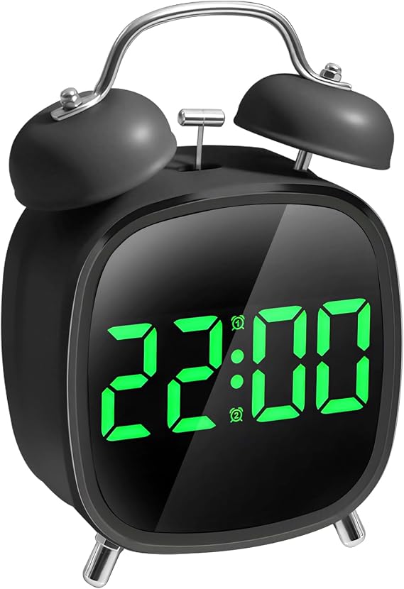 Metal retro çift çan, arkadan aydınlatmalı büyük ekran, yatak odası için küçük dijital LED komodin, yetişkinler, gençler ve derin uykuya sahip çocuklar için yüksek sesli çalar saat