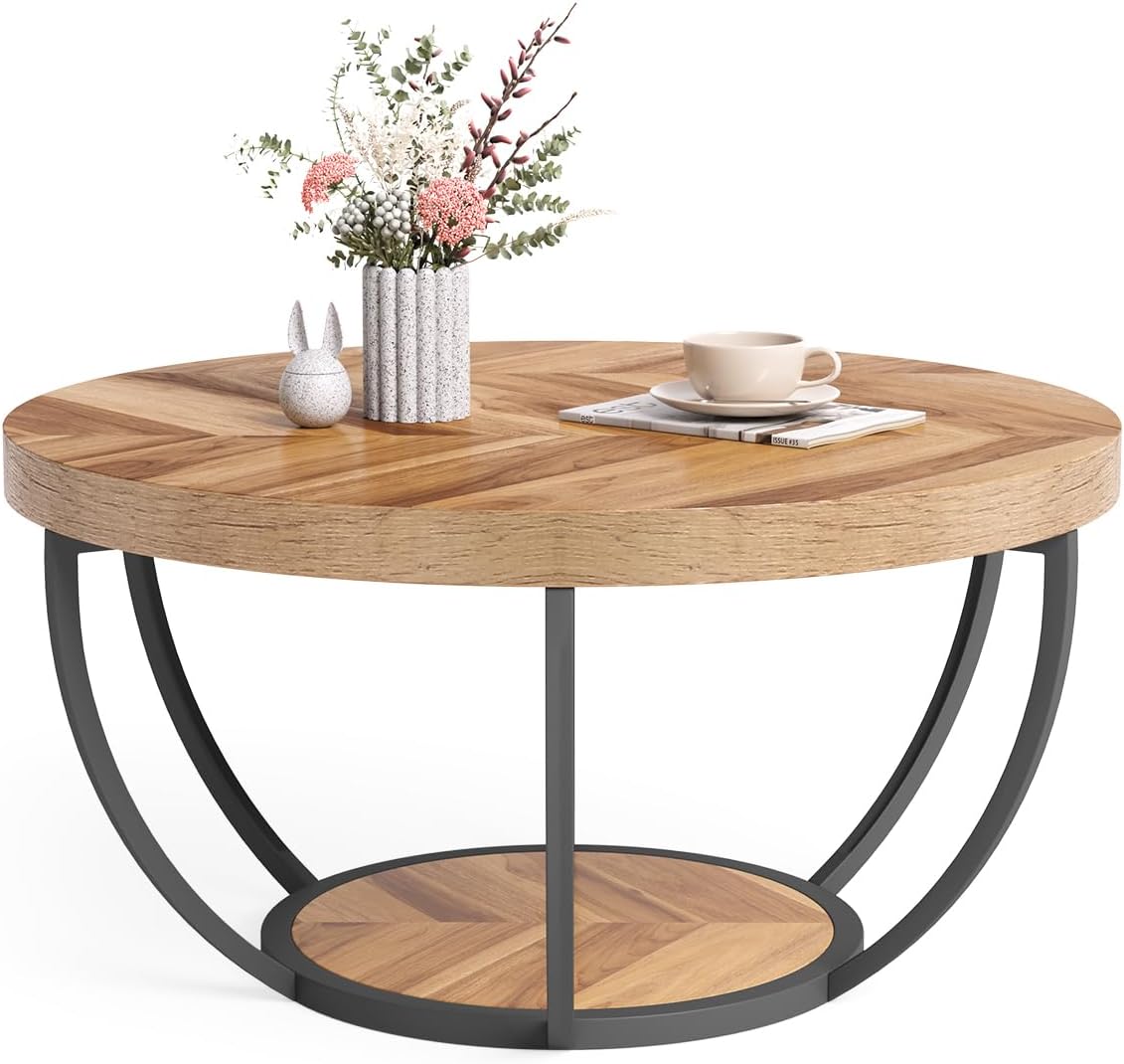 LITTLE TREE Round Coffee Table, 32" Circle Coffee Table for Living Room, 2-Tier Wood Accent Center Table with Open Storage Industrial Design Home Furniture Wood Grain and Black