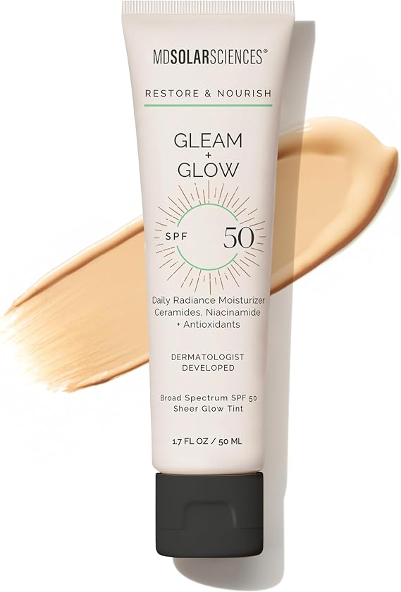 MDSolarSciences Gleam + Glow Sunscreen SPF 50 | Sheer Glow Tint Moisturizer for Broad Spectrum UV Protection | Formulated with Antioxidants, Ceramide and Vitamin C | Safe for Sensitive Skin 1.7 Fl Oz
