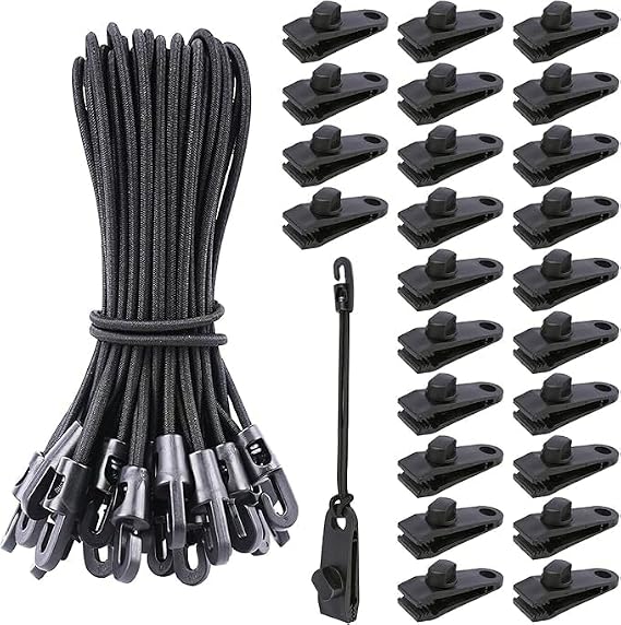 25 Sets Tarp Clips Set with 10 Inch Small Bungee Cords with Hooks