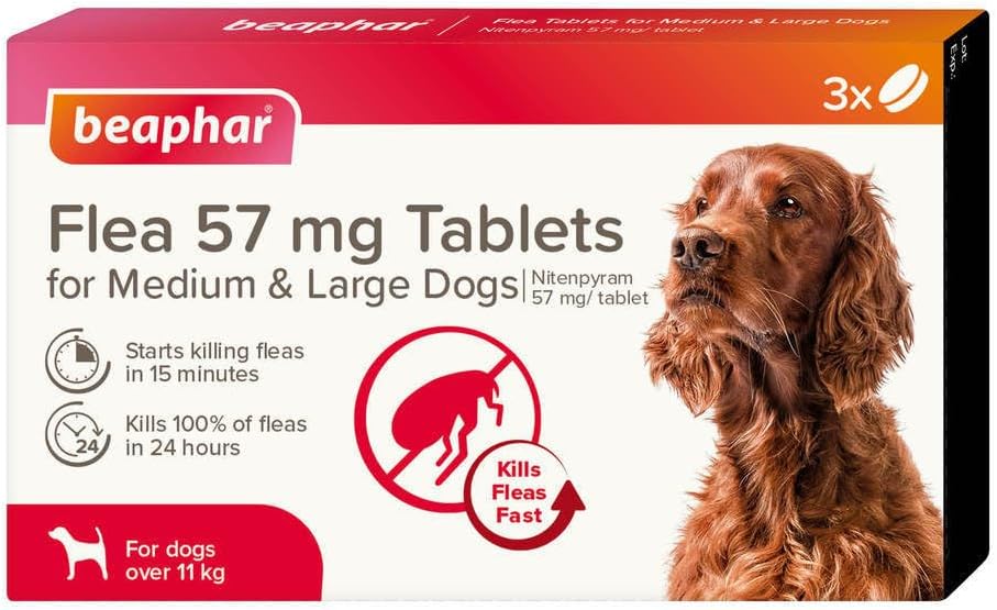 Beaphar - Flea Tablets for MediumLarge Dogs 11.1-57kg - 3 treatment pack Rapid Knock Down of Fleas STARTS KILLING FLEAS IN 15 MINUTES Kills 100% of Fleas within 24hrs - For Dogs from 4 Weeks Old