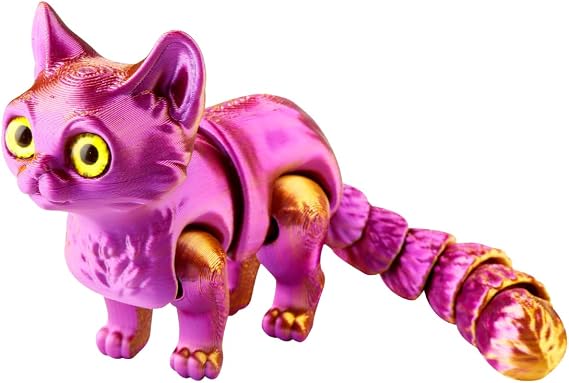 3D Printed Flexible Articulated Cat Figurine – Stress Relief Toy Eco-Friendly Material Unique Home and Office Decor for Teens and Adults (Purple+Gold)