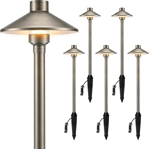 Gardencoin Solid Brass Low Voltage Pathway Lights (6.7'' Shade, 21.9'' Tall), 12V AC/DC Heavy Duty LED Landscape Path Lights Outdoor Wired, Antique Bronze Walkway Lights with Larger Stake, 6-Pack