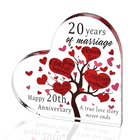 結婚20年 ギフト 20周年 結婚記念日 彼への装飾 彼女へのギフト 彼女へのアクリル ハート型 プラーク 妻 夫 20年 結婚記念日 デスクデコレーション レディース メンズ テーブルセンターピース