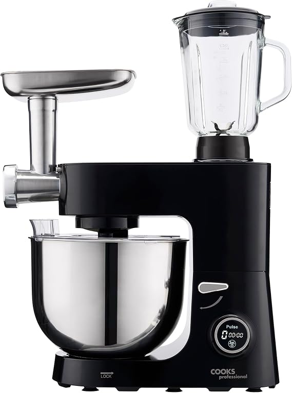 Cooks Professional Multi Function Stand Mixer 1800W with 8L Stainless Steel Bowl, Accessory Kit, Blender & Meat Mincer Capability, 8 Speed Settings, Pulse Function & Digital Control | Black