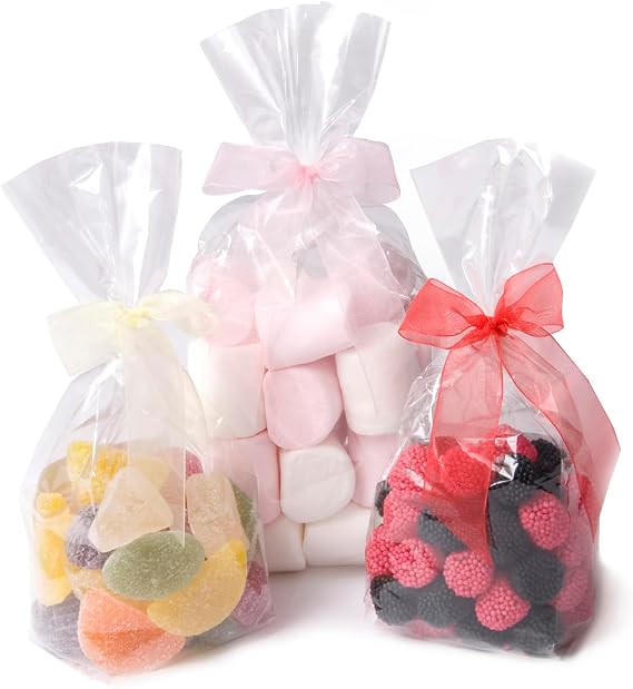Clear Cellophane Block Bottom Sweet/Gift Bags 8.5" x 2.75" x 1.75" (21.5cm x 6.5cm x 4.6cm) Pack of 50 – Perfect for Sweets, Cookies, Treats & Favors