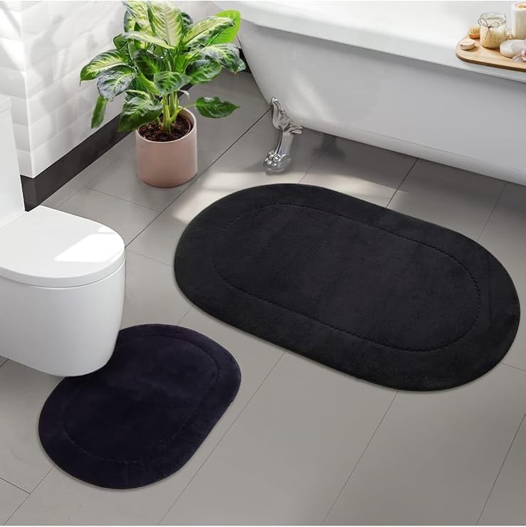 Rivora Siyah 2li Banyo Halısı Paspası Seti, Kaymaz Tabanlı Klozet Takımı, 115x65 cm + 65x50 cm