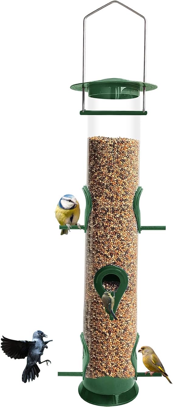 Urban Deco Bird Feeders Hanging Plastic Tube and Niger Seed Feeder With 6 Ports, Steel Hanger, Weatherproof, For Small Birds - Green - 1 Pack