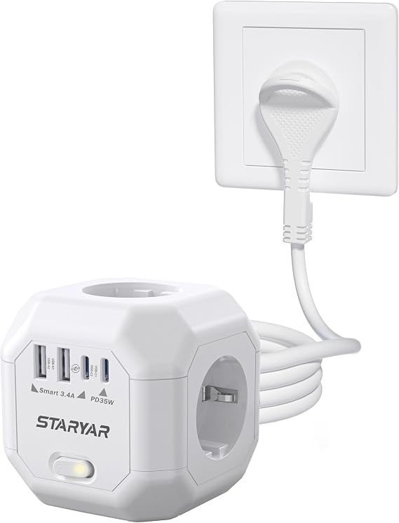 4-Way Socket Cube Flat Plug Multiple Socket Cube Power Strip Cube with USB 4000 W Multiple Plug Socket Adapter 2 m Extension Cable Power Strip Surge Protection for Office