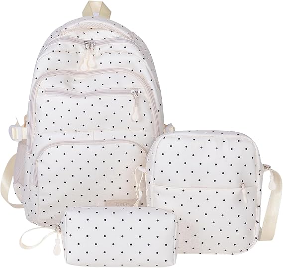 TIAASTAP Cute School Backpack Polka Dot Preppy School Bag for Girls Aesthetic Backpack Set 3Pcs Back Pack for Teenage Secondary College (White)