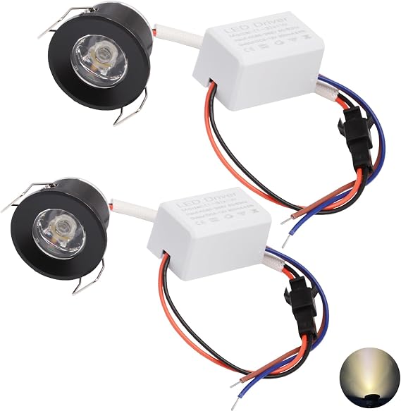 2Pack 1W Mini Spotlights AC 110V 220V Recessed Ceiling Showcase Display Under-Cabinet Lights Fixture 3000K Warm-White with LED Power Supply Driver (Black)