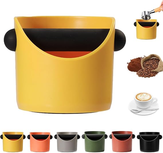 Small Coffee Knock Box, Yellow Espresso Coffee Grounds Bin with Removable Knock Bar, Container Knock Box with Shock-Absorbent Non-Slip Base,Grind Barista Machine Accessories