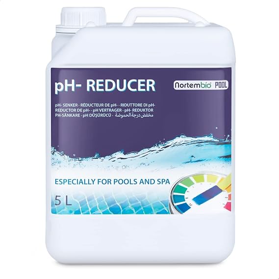 Nortembio pH- Minus Líquido 5 L Reductor de pH para Piscinas y Spa, Regulador del Equilibrio del Agua, Mejora la Eficacia del Cloro, Mantenimiento Profesional