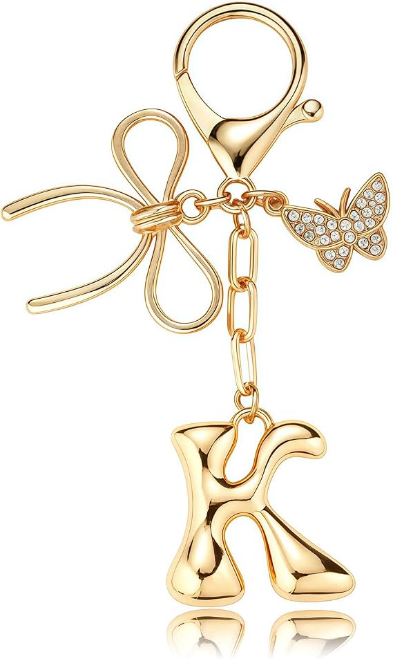 Bubble Initial Keychain with Bow & Butterfly - Gold Letter Bag Charms for Women, Cute Purse Handbag Accessories