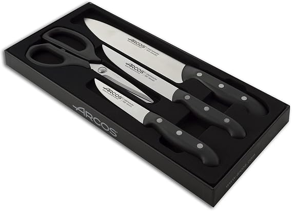 Arcos Kitchen Knife Set Four Pieces 3 Chef Knives and 1 Scissors Stainless Steel and Ergonomic Handle Polyoxymethylene for Cutting Meat, Fish and Vegetables - Maitre Series - Black