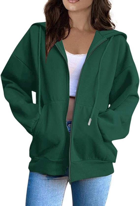 Ladies Solid Color Zip Up Hoodies Sweatshirt Women Tops Long Sleeves Casual Fashion Loose Hooded Jackets with Pockets