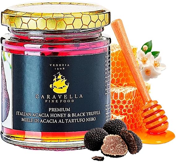 Acacia & Black Truffle Honey 250 g Caravella Fine Food | Italian Raw Honey with Tuber Melanosporum Shavings| Luxurious Gourmet Aromatic Umami-Rich Versatile| Perfect for Cheeses Meats Desserts & Gifts
