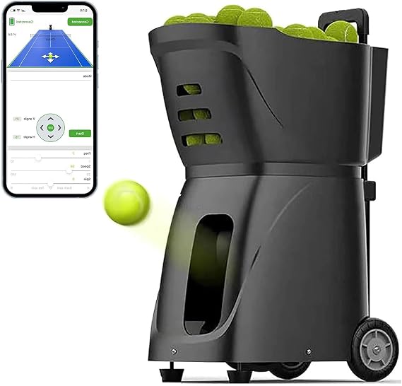 Tennis Ball Machine Automatic Portable Tennis Ball Launcher/Thrower for All Level Players Training and Practice - Pre-Programmed and Custom Drills, Complete with App/Remote Control,Black