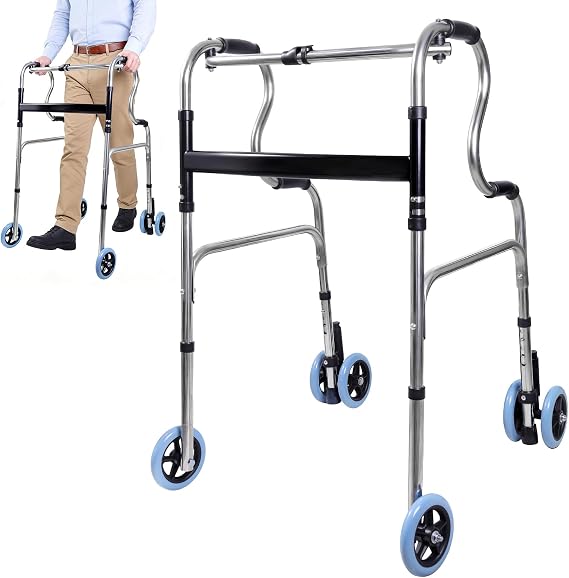 Walker for Seniors, Indoor/Outdoor, Alternating Fixation, 2-Way, With Wheels, Built-In Brakes, Lightweight, Foldable, Height Adjustable, Stainless Steel, Walking Aid, Standing Assistance, Nursing Care, Walker, No Assembly Required