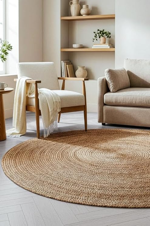 Digithome Jüt Hasır Yuvarlak Oturma Odası Yatak Odası Natural Halı 90 cm