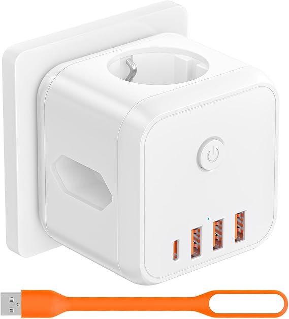 Socket Cube without Cable 3-Way Multiple Socket with USB C Cube Socket 3680 W Multiple Plug Socket Adapter Cube with Switch Power Strip USB for Office Home Travel White