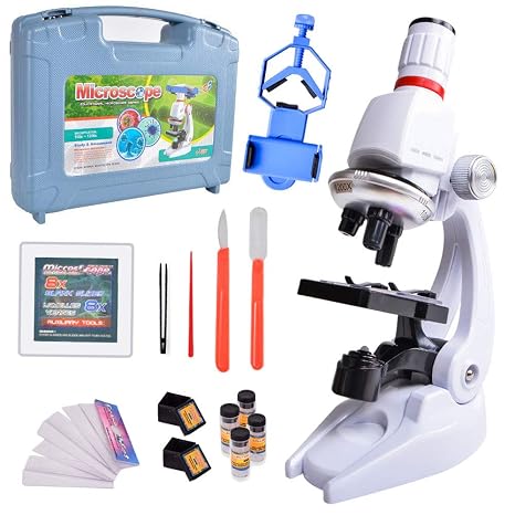 Kids Microscope 1200x, 400x, 100x Magnification Children Science Microscope Kit with LED Lights Includes Accessory Phone Holder Plastic Box Toy Set for Beginners Early Education