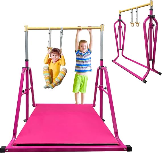GLANT Foldable & Movable Gymnastics Kip Bar with MAT and Ring Set, 3' to 5' Height Adjustable,Horizontal Bar for Kids Girls Junior,Gym Equipment for Indoor and Home Training- Max Load 300LBS