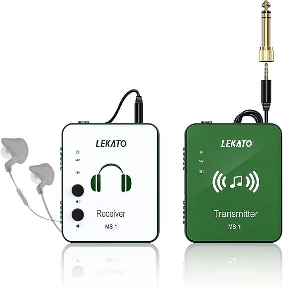 LEKATO In-Ear Monitor System MS-1 Wireless 2.4G Stereo IEM System with Transmitter Beltpack Receiver Automatic Pairing, for Studio, Band Rehearsal, Live Performance (Green)