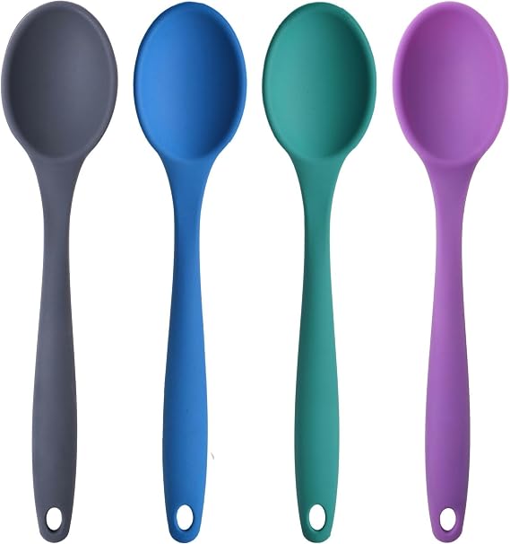 Silikon Büyük Boy Kaşık Seti, Yanmaz Yapışmaz, Çok Renkli - Antrasit, Mavi, Yeşil, Mor - 27 CM, 4 Adet Set, BPA Free