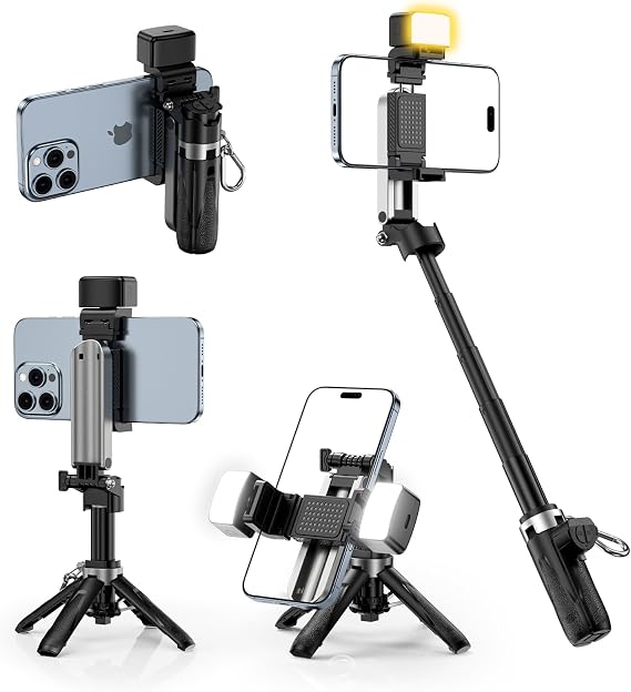CloudValley PocketFlex Mini Tripod with Fill Light & Zoom Control, 3-in-1 Pocket Selfie Stick, Clamp Mount, Bluetooth Remote for iPhone/Android Vlog & Photo