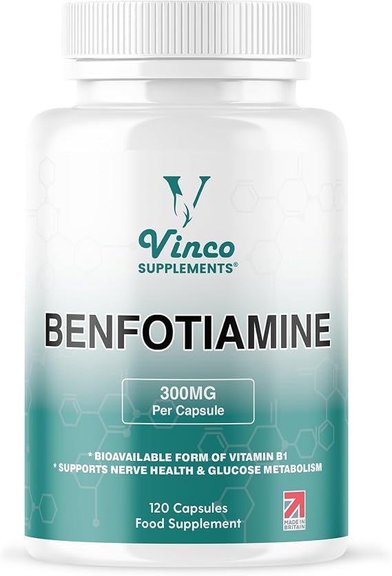 Vinco Benfotiamine 300mg - Vitamin B1 Thiamine High Strength for Heart & Kidney Support, 120 Vegan Capsules, Enhanced Cognitive Function, Energy & Antioxidants, Gluten & Allergen-Free - Made in UK
