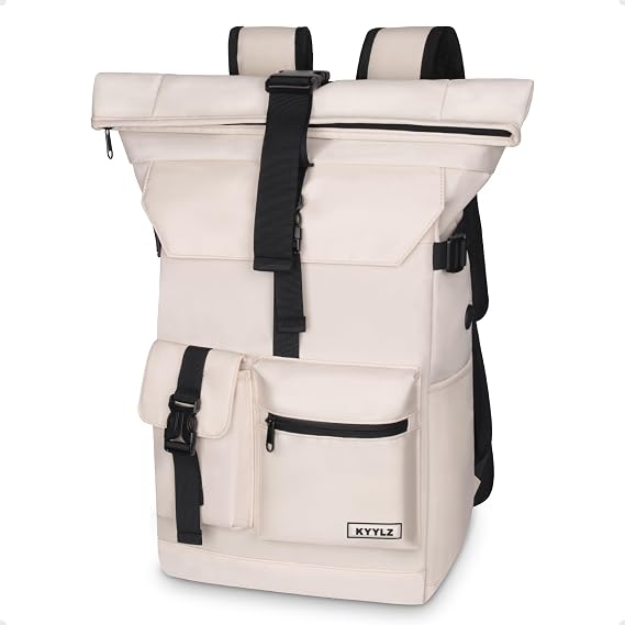 28 L Roll Top Backpack Mens, Large Waterproof Rucksack Womens, School Bag with Laptop Compartment 17 inch, Waterproof Backpack for Travelling Rucksack for University bag Business Sports, Beige