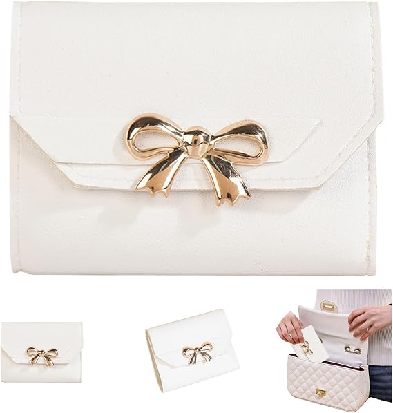 Cute Coquette Bow Wallet, Small Leather Tri-Folded Aesthetic Bifold Wallet with RFID Blocking Card Holders, Coin Purse Coin Purse with ID Window for Women Girls (White)