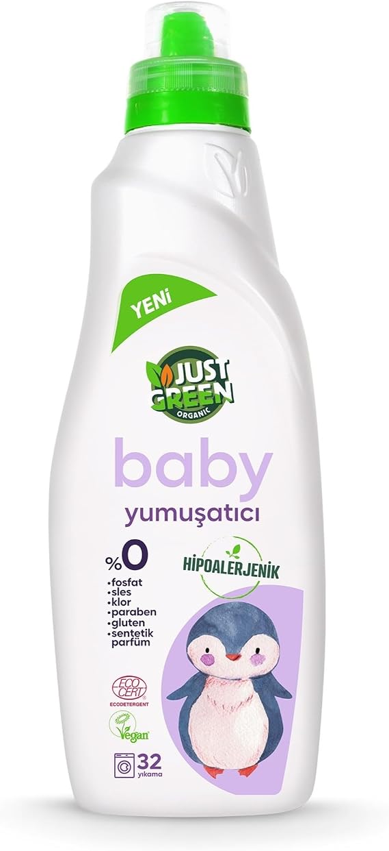 Just Green Organic Bitkisel Bebek Çamaşır Yumuşatıcısı Yenidoğan İçin, Kokusuz & Hipoalerjenik Konsantre Yumuşatıcı, 32 Yıkama 1000 ml