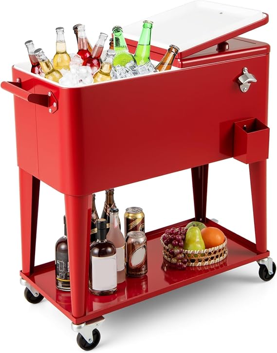 COSTWAY 75L Rolling Ice Chest, Portable Patio Beverage Cooler Cart with Bottle Opener and Wheels, Outdoor BBQ Bar Party Drink Ice Bucket Trolley