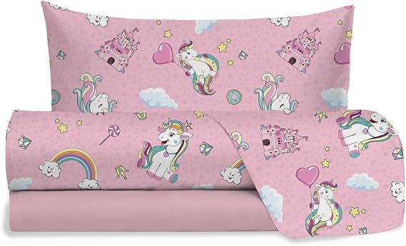 hermet Jolly Unicorn Single Bed Sheet Set, 100% Cotton, Flat Sheet + Fitted Sheet + Pillowcase, Pink