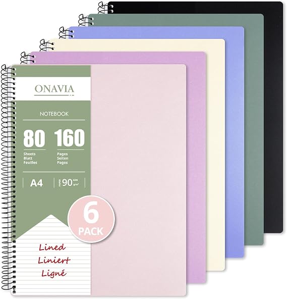 ONAVIA A4 Notebook 6 Pack, 80 Sheets, 90GSM Lined Spiral Notepad, Pastel